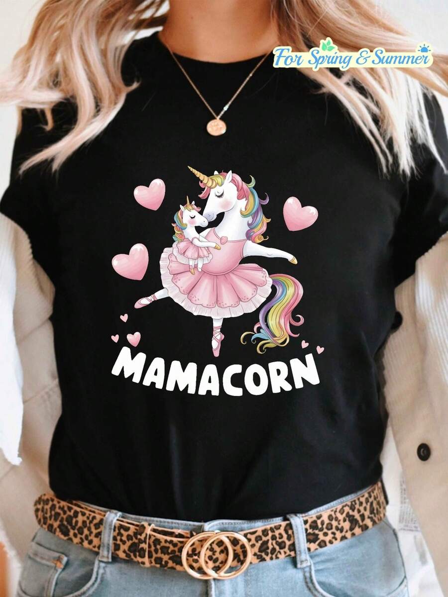 Camiseta de manga corta con cuello redondo y estampado de algodón puro para mujer, camiseta casual de manga corta con cuello redondo, con un diseño de un unicornio con vestido rosa, perfecta para primavera y verano, diseñada para mujeres. - Negro - Ver 1