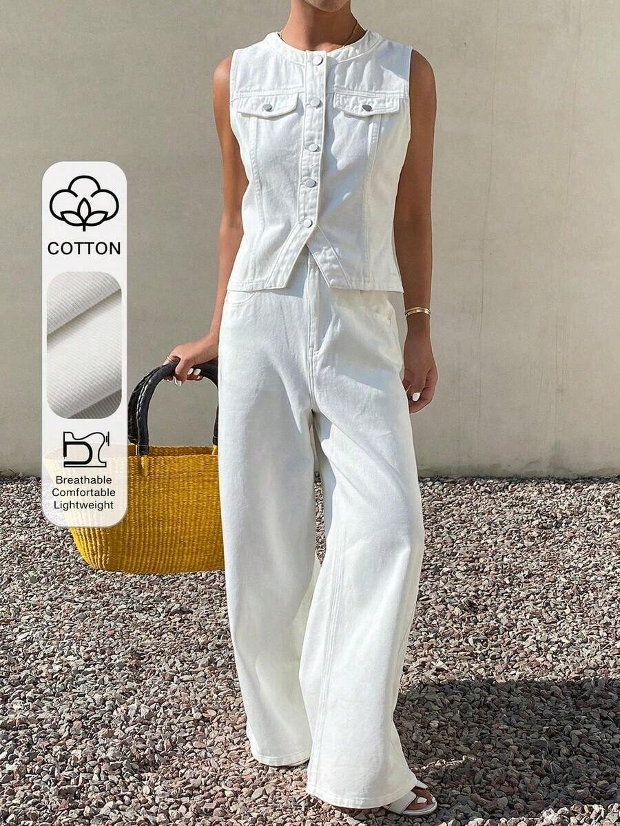 Conjunto de top ajustado de cuello redondo sin mangas y jeans de corte holgado para mujer - Blanco 2 - Ver 1