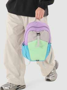 1 pieza Mochila de bloques de color tipo macaron, minimalista y de moda, ligera y de gran capacidad, mochila de almacenamiento multifuncional para niños adecuada para estudiantes, viajes cortos, actividades al aire libre, unisex, gran regalo para vacaciones - Multicolor - Ver 5