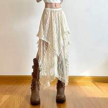 Fairycore Women's Asymmetrical Lace Skirt, Fashionable Bohemian Vintage Y2K High Waist Midi Skirts, Women's Holiday Outfits - 米色 - 查看 1