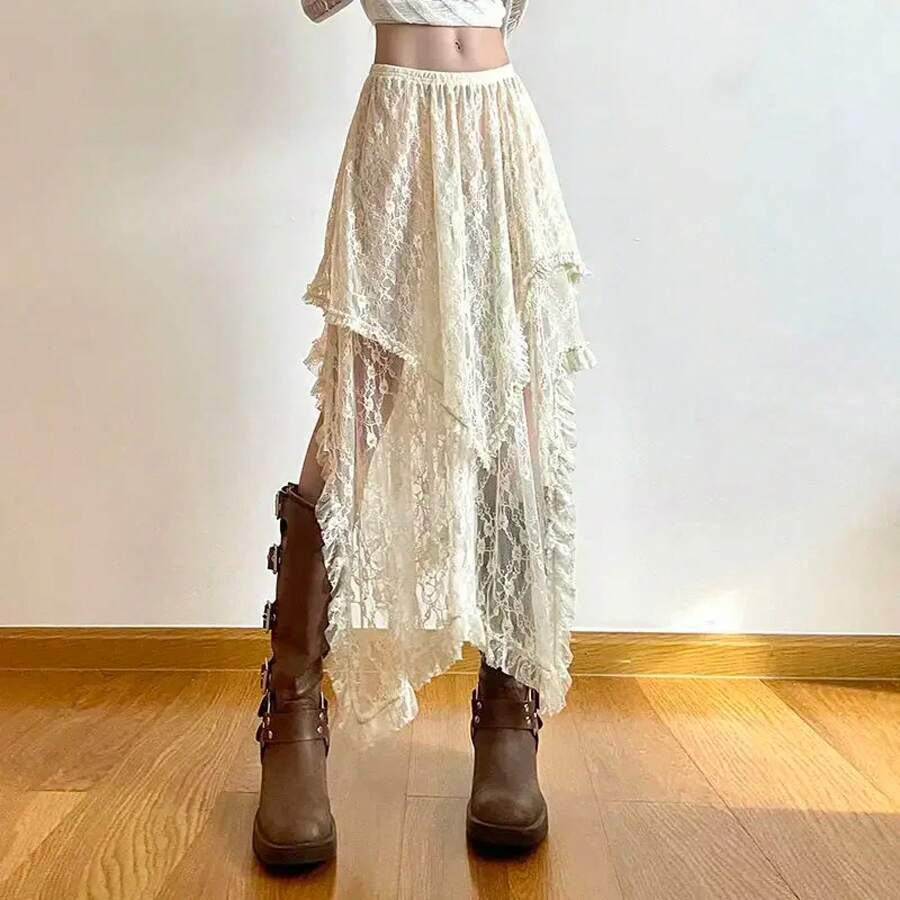Fairycore Women's Asymmetrical Lace Skirt, Fashionable Bohemian Vintage Y2K High Waist Midi Skirts, Women's Holiday Outfits - 米色 - 查看 1