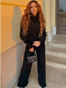 Women's Stylish Cropped Mousse Knit Set With High Neck And Ribbed Wide-Leg Pants - Exclusive - Black - View 1