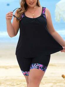 Swim Lushoire Conjunto de tankini de talla grande con estampado de árboles de coco y patchwork para la playa y vacaciones de verano - Negro - Ver 6