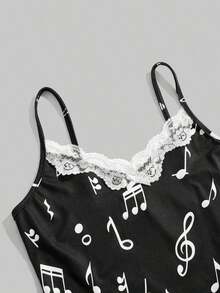 ROMWE Conjunto de 3 piezas con camiseta de tirantes con encaje y estampado de notas musicales y teclado de piano, estilo retro Y2K - Blanco y Negro - Ver 3