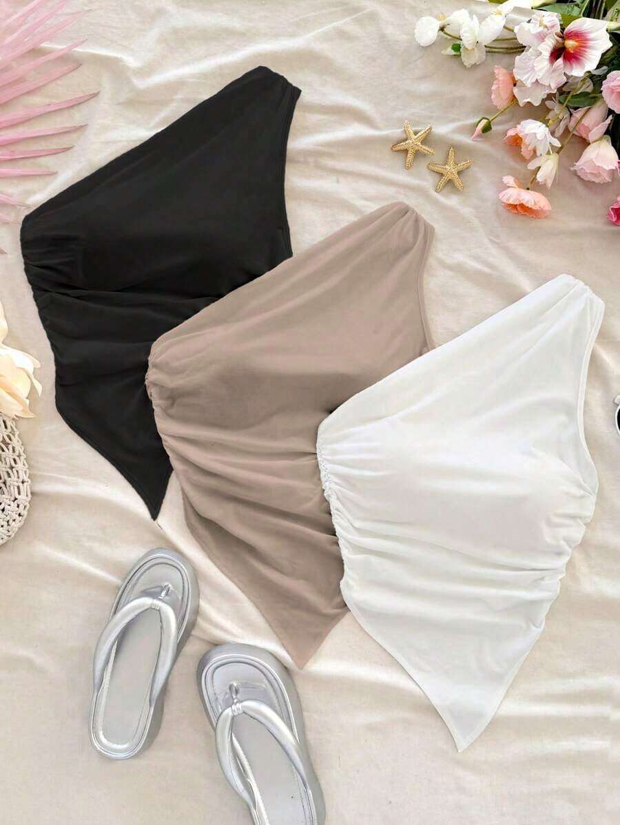 4 piezas Conjunto de blusas sin mangas de unicolor y hombros asimétricos versátiles para mujer, adecuadas para vacaciones - Multicolor 7 - Ver 1