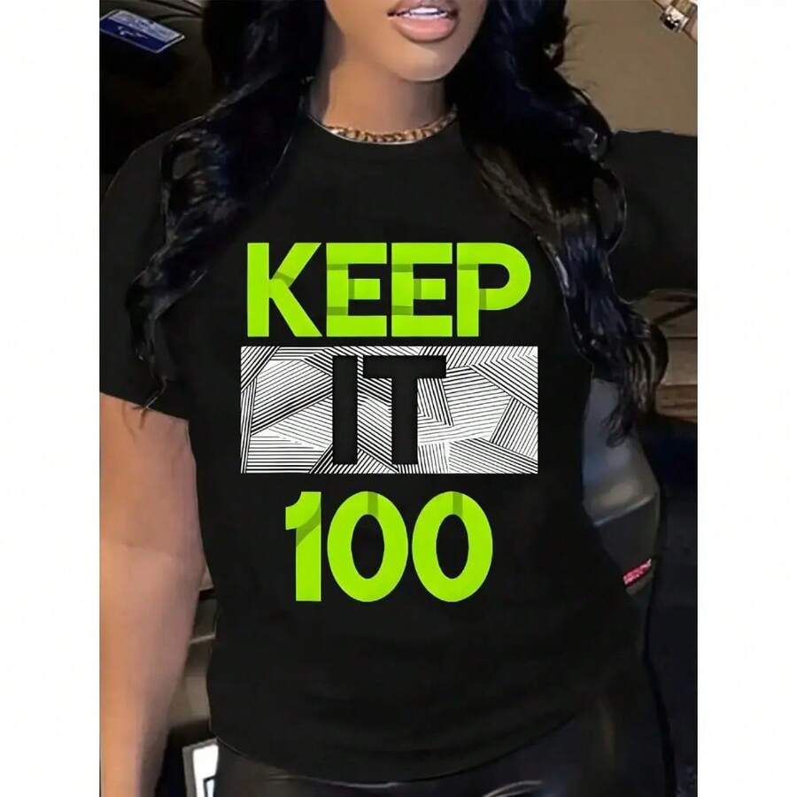 Women's Graphic Print Cotton T-Shirt With The Slogan "Keep It 100", Short Sleeves And Round Neck, Soft, Breathable, Casual, Urban Style, For Summer Outfits. - 黑色 - 查看 1