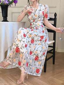 Vestido elegante de encaje de alta calidad con cintura ajustable, bordado, de estilo coreano suave y elegante - Blanco - Ver 3