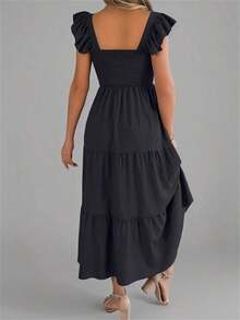Nuevo vestido midi de unicolor con cuello cuadrado, casual, con espalda descubierta, volantes y sin mangas, color caqui, elegante para primavera/verano - Negro - Ver 2