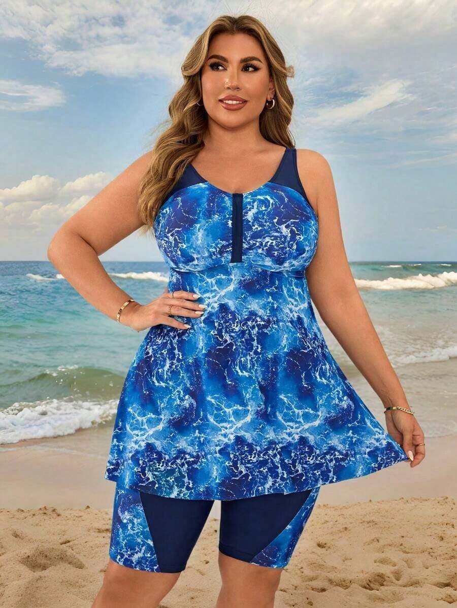 Swim Lushoire Conjunto de tankini de mujer talla grande con estampado de teñido anudado azul y blanco para playa y vacaciones - Azul y blanco - Ver 1