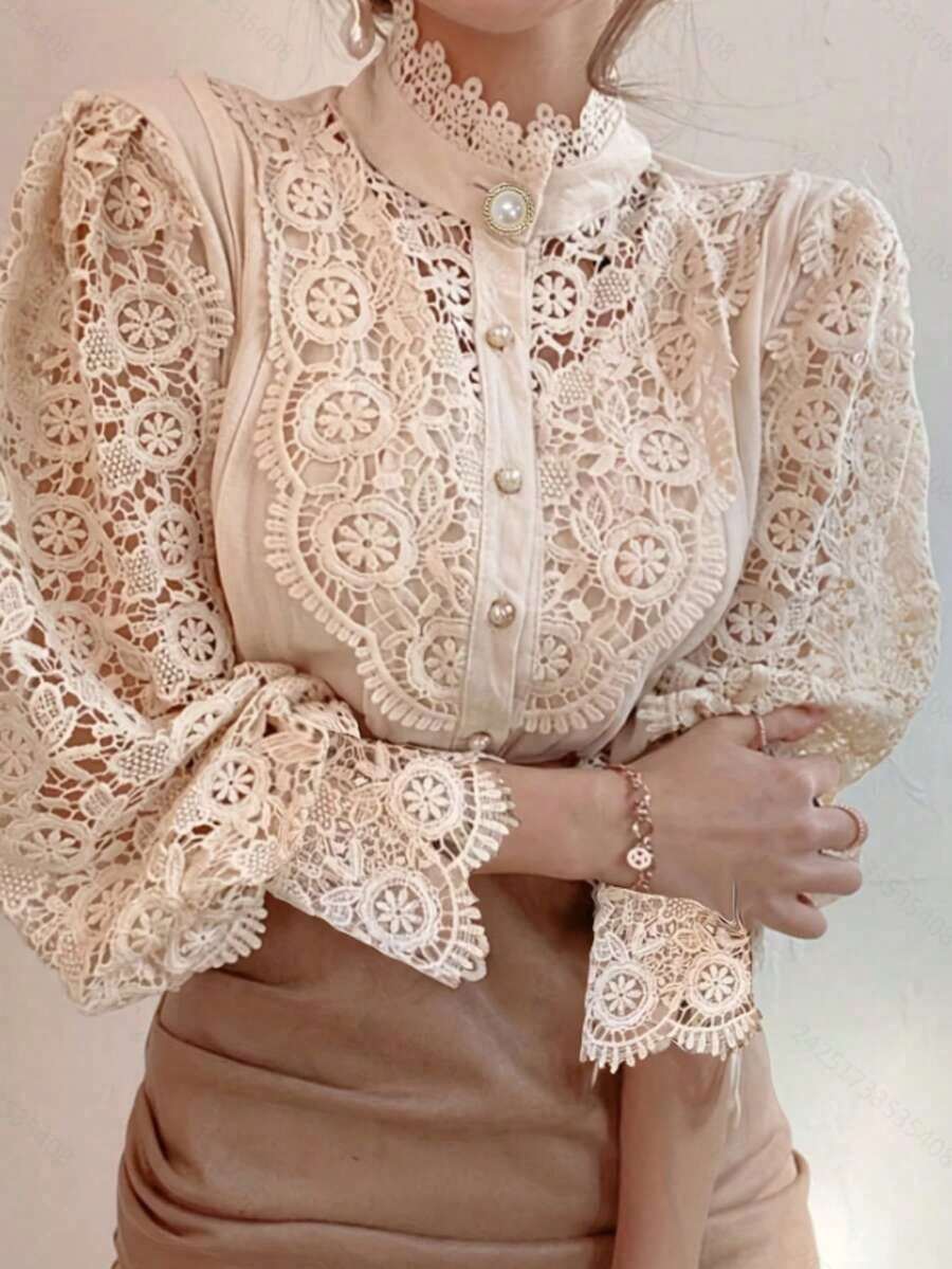 Blusa de primavera con cuello Mao de encaje floral y abotonadura hueca para mujer - Albaricoque - Ver 1