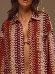 Resort Kimono de Manga Larga con Patrón Texturizado, Estilo Boho Ibiza, Lindo y Sexy, para Vacaciones de Verano, Playa, Traje de Baño, Ropa de Playa, Rayas, Otoño, Primavera, Vacaciones, Carnaval, Festival - Multicolor 2 - Ver 5