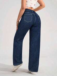 PETITE Vaqueros anchos y holgados de tela vaquera con bolsillos y efecto desgastado, de uso versátil y casual para mujer - Azul - Ver 2