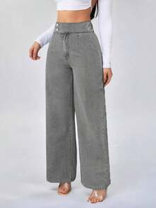 Tall Pantalones vaqueros para mujer de cintura alta, estilo casual, pierna ancha y recta, color azul, para mujeres de estatura alta - Gris - Ver 2