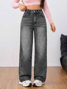 Jeans de mezclilla casuales de unicolor para mujer - Gris Claro - Ver 1