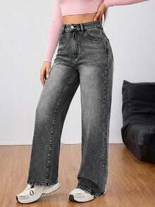 Jeans de mezclilla casuales de unicolor para mujer - Gris Claro - Ver 5