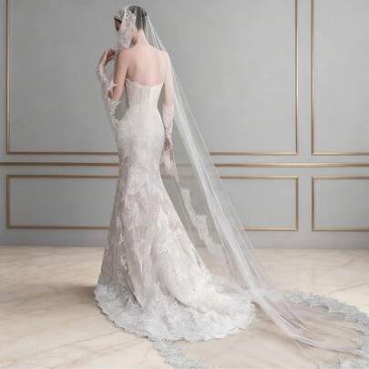 1pc 3 Meters Long Bridal Wedding Sequin Lace Veil, Long Cathedral Veil, Soft Sheer Bridal Veil With Hair Clip