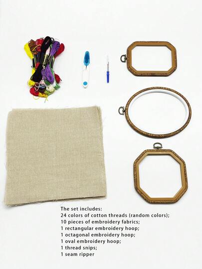 Bộ thêu 39 món, bao gồm 3 khung thêu (hình bát giác 14cm, hình chữ nhật 11x15cm, hình bầu dục 14.5x19cm), dụng cụ thêu chữ thập, 24 sợi chỉ màu ngẫu nhiên, 10 mảnh vải lanh 25cm, kéo và dụng cụ xỏ chỉ màu xanh dương, phù hợp cho người lớn mới bắt đầu.