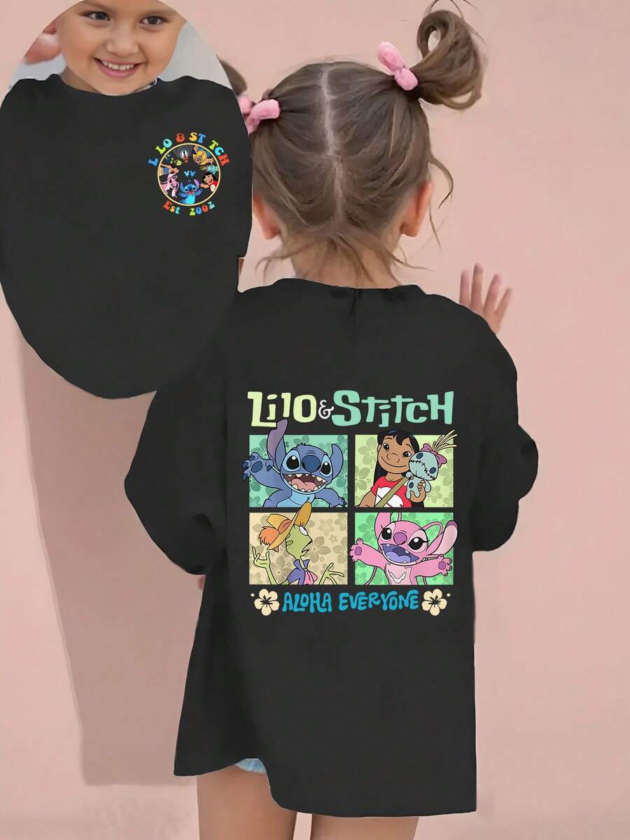 Disney Lilo And Stitch Characters Double-Sided Printed Pattern T-Shirts For Girls - Children's Clothing Design Short-Sleeved Casual And Cute Style Comfortable And Casual Wear All Year Round Suitable For Parties And Play Machine Washable Gift Children's Clothing Girls' Short-Sleeved Shirts(1) - 黑色 - 查看 1