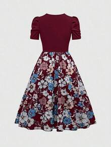 Vestido de verano de longitud media con estampado floral elegante y patchwork para mujer - Burdeos - Ver 2