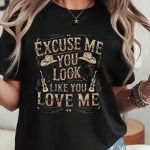 Camiseta negra de mujer con estampado "Disculpa, pareces que me quieres", manga corta, cuello redondo, estilo casual. - Negro - Ver 2