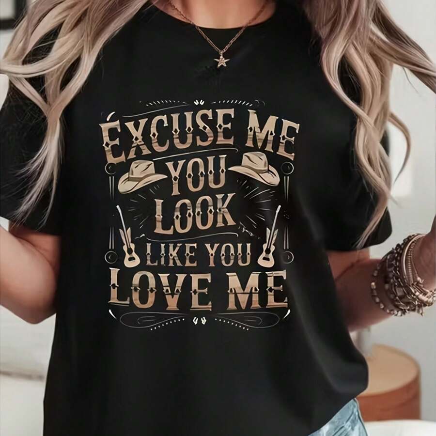 Camiseta negra de mujer con estampado "Disculpa, pareces que me quieres", manga corta, cuello redondo, estilo casual.