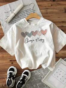 Limited Edition Women's Casual Short Sleeve Crew Neck T-Shirt - Choose Happy Letter Print And Colorful Heart, Light Beige, Soft And Breathable Fabric, Machine Washable, All-Season Comfort, Ladies T-Shirts, Motivational Clothing, Fun Print, Comfortable Fit, Lightweight Cotton. - 白色 - 查看 12