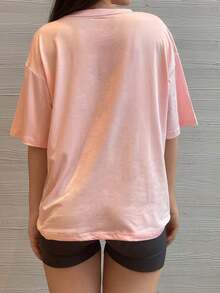 Camiseta de manga corta oversize, negro sólido, ajuste holgado casual para deportes blancos de verano - Rosa - Ver 5
