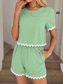 Conjunto de 2 piezas de top de manga corta con cuello redondo a cuadros y shorts casuales para mujer, de verano - Verde - Ver 3