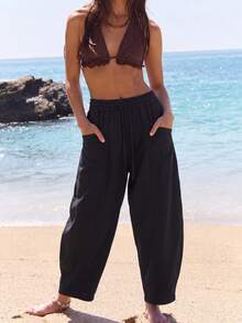 RRIVE Linen Blend Wide Leg Barrel Pants With Pockets High Waisted Drawstring Casual Relaxed Fit Flowy Trousers Summer Vocation Outfits Workout Bottoms - Ink Black - View 3