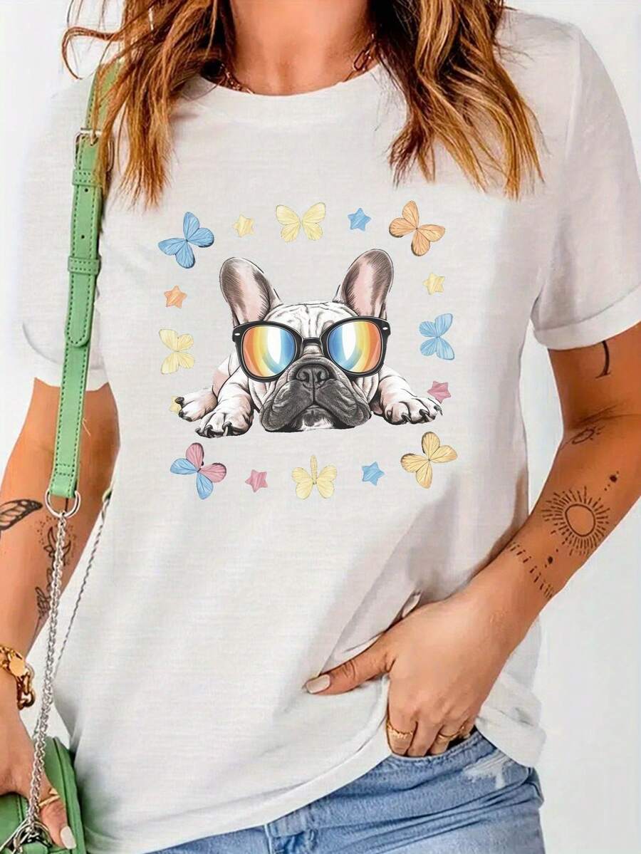 Camiseta de cuello redondo con estampado de bulldog francés, top casual de manga corta para primavera y verano, ropa de mujer - Blanco - Ver 1