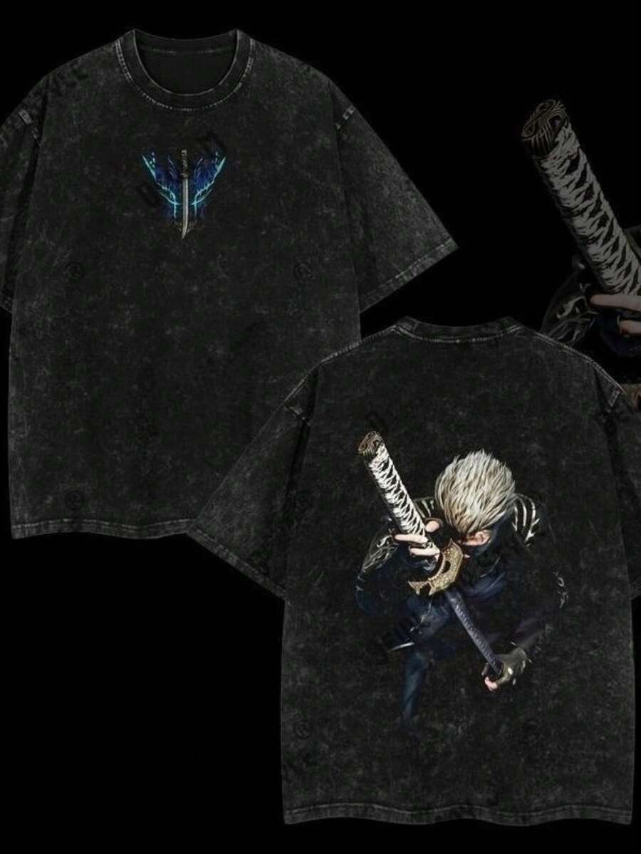 Men's T-Shirt With A Washed Effect And Double-Sided Retro Print, Perfect For Anime Lovers And Fans. This Graphic Tee, Made Of Thick Fabric, Features A Cool Comic Style And Is Designed With A Crew Neck For Urban Fashion. BQBD - 黑色 - 查看 1
