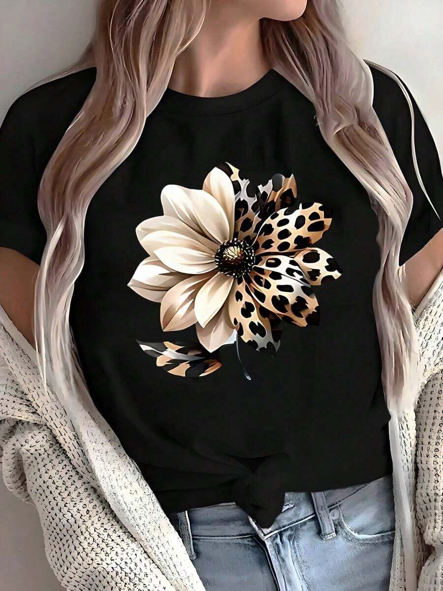 100% Cotton Black Fitted T-Shirt With Floral Graphic Leopard/Animal Print, Floral Aesthetic T-Shirt With Cheetah Design, Casual Urban Style Blouse - 黑色 - 查看 1