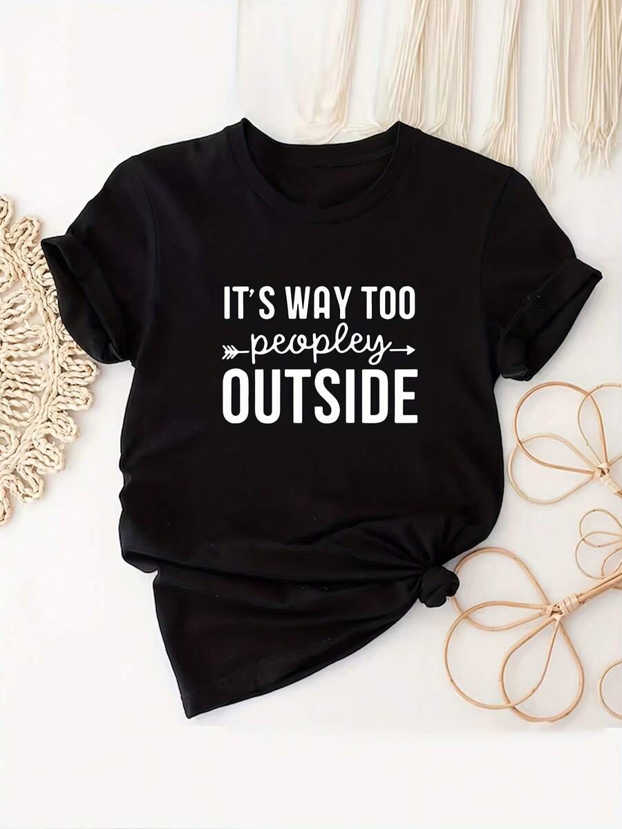 Camiseta de manga corta para mujer, talla grande, con cuello redondo y estampado de eslogan, 100% algodón, para verano. - Negro - Ver 1