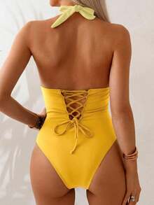 Traje de baño de una pieza con control de abdomen, estilo minimalista de unicolor, con escote halter y espalda descubierta, para vacaciones de verano en la playa - Amarillo - Ver 7