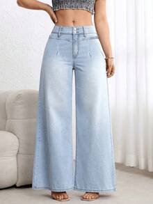 IDYLLIC Pantalones baggy Wide leg jeans mujer Vaqueros pantalón ropa casual lavada con agua cintura alta pantalones vaqueros pantalon de mezclilla dama pantalones cargo de mujer - Azul - Ver 2