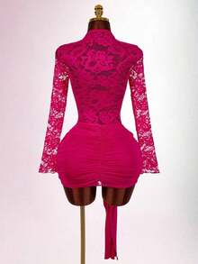 Blusa de encaje para mujer con vestido mini ajustado de tul rojo vintage con cordón en el bajo, estilo bohemio para fiesta - Rosa Fucsia - Ver 2