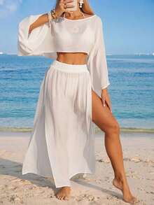 Nevyona Conjunto de dos piezas de cubrecuerpo casual de manga larga y abertura para mujer, color blanco - Blanco - Ver 6