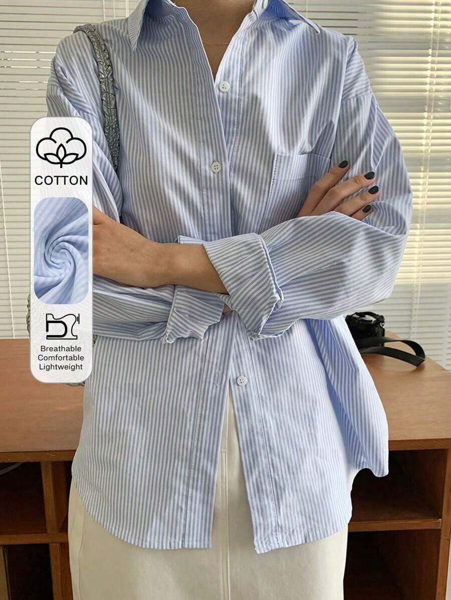 Camisa de manga larga con bolsillo y hombros caídos a rayas verticales, ropa de otoño - Azul y blanco - Ver 1