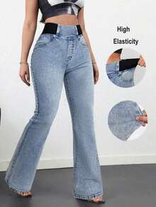 Tall Pantalones vaqueros de mujer casuales, ajustados y elásticos con vuelo, pantalones vaqueros azules ajustados de cintura alta con vuelo para mujeres altas, pantalones vaqueros de verano - Lavado ligero - Ver 6