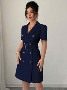 Vestido corto de verano de unicolor con lazo en la cintura, doble botonadura, mangas abullonadas y cuello con solapa - Azul marino - Ver 3