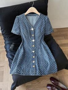Vestido vaquero de mujer de moda casual con cuello en V y abotonadura sencilla - Lavado ligero 2 - Ver 3