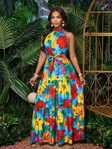 Vestido largo de mujer con estampado floral en todo el vestido, estilo halter con cinturón, fluido para vacaciones - Azul 2 - Ver 3