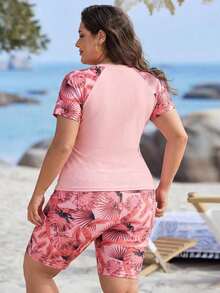 Swim Lushoire Tankinis de traje de baño de talla para mujer con estampado tropical de plantas para vacaciones de verano en la playa - Rosa - Ver 1