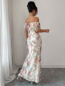 Vestido ceñido de malla con volantes, hombros descubiertos y cintura ceñida con estampado floral, elegante y romántico para mujeres - Multicolor 5 - Ver 2