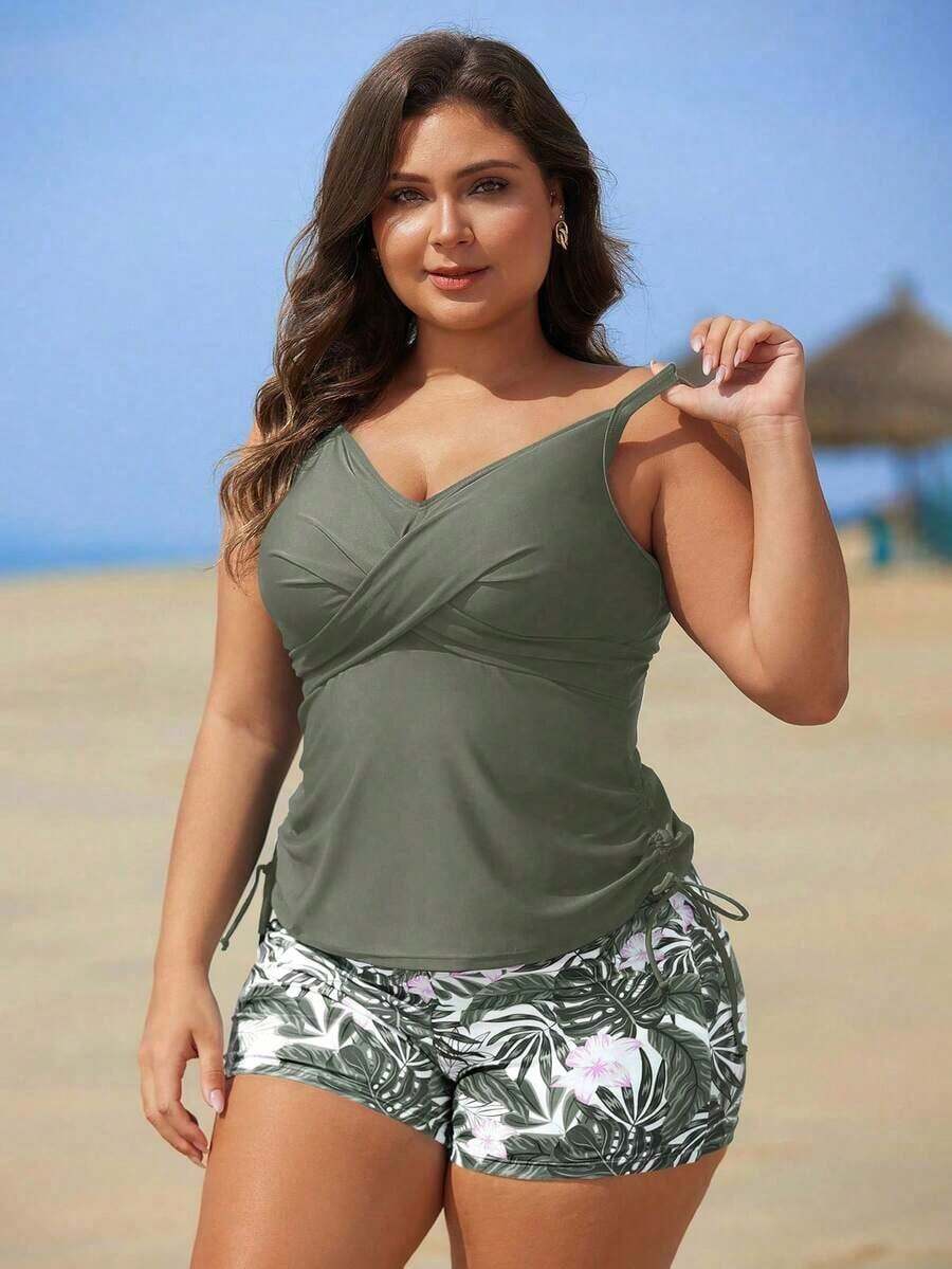 Swim Lushoire Set de 2 piezas de tankini con estampado floral para mujeres de talla grande - Verde militar - Ver 1