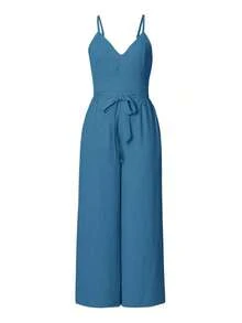 Conjunto de top de tirantes básico y pantalones de unicolor para mujeres, adecuado para uso diario - Azul 2 - Ver 3