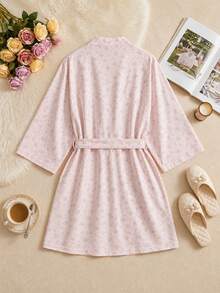 1pc Women's Bathrobe, Kimono, Sleepwear, Minimalist Sweet Robe, New Spring/Autumn Cute Lightweight Solid Color Pajamas - Pink - View 2