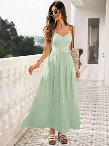 Vestido de playa para mujer con cuello en V, espalda descubierta, cintura ceñida y bajo suelto - Verde - Ver 4