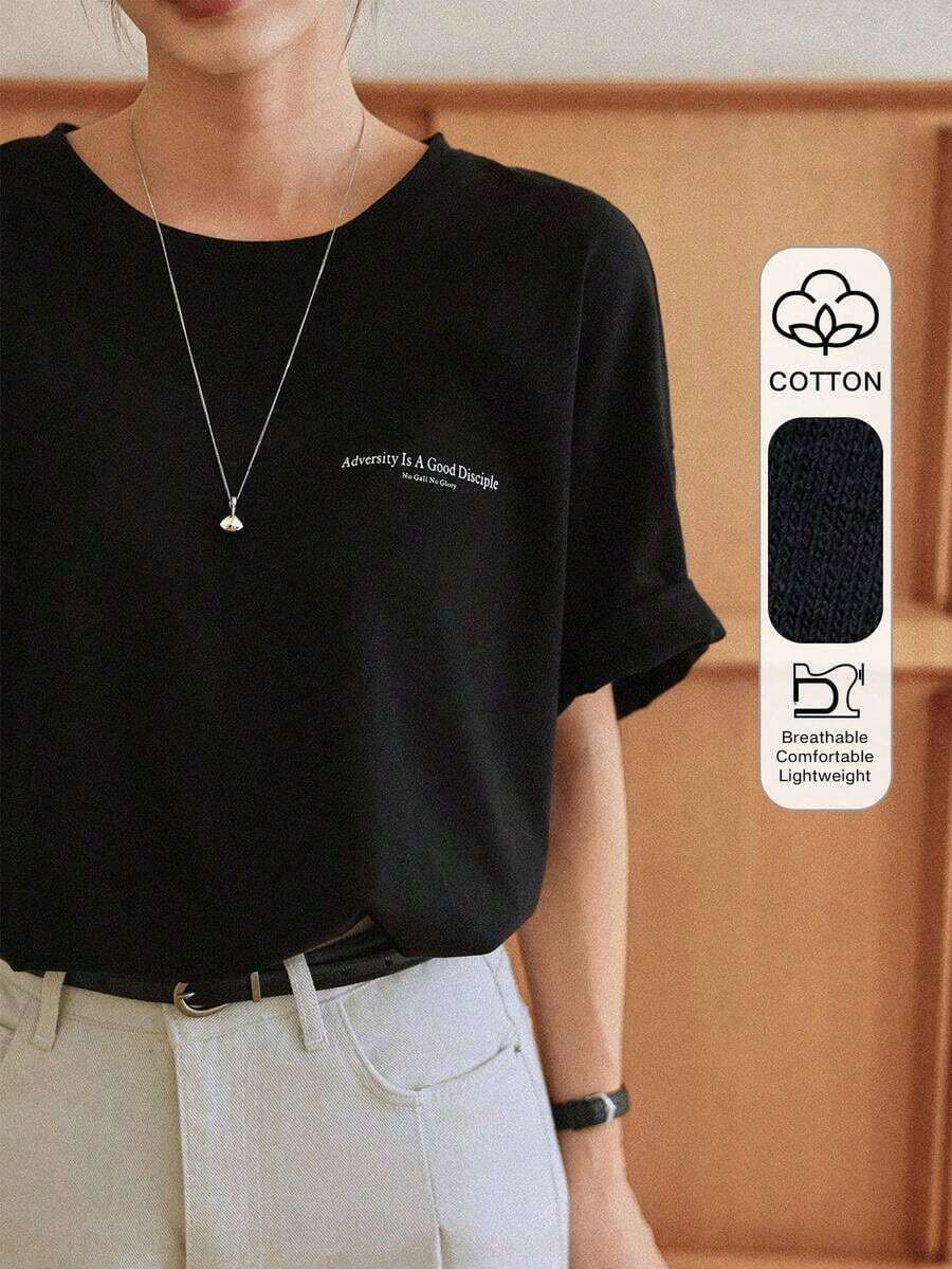 Camiseta de mujer de cuello redondo de manga corta con estampado simple, camiseta gráfica holgada, top preppy - Negro - Ver 1