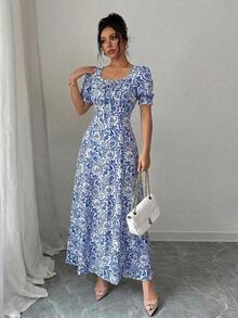Vestido cuadrado con cuello elegante y estampado floral para mujer, con volantes, mangas con volantes, adecuado para primavera, verano y otoño, vestido corto - Multicolor 6 - Ver 9